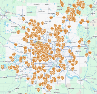 Map of Le Vvintre Living residential cleaning clients across the Twin Cities Metro, including Wayzata, Edina, Minnetonka, Eden Prairie, Plymouth, Minneapolis, and surrounding Minnesota communities